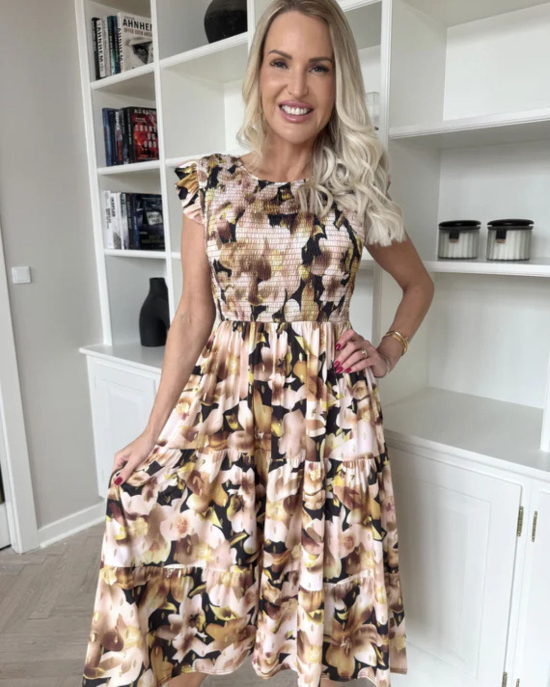 Vestido fruncido floral, ligero y cómodo para mujer, look casual elegante