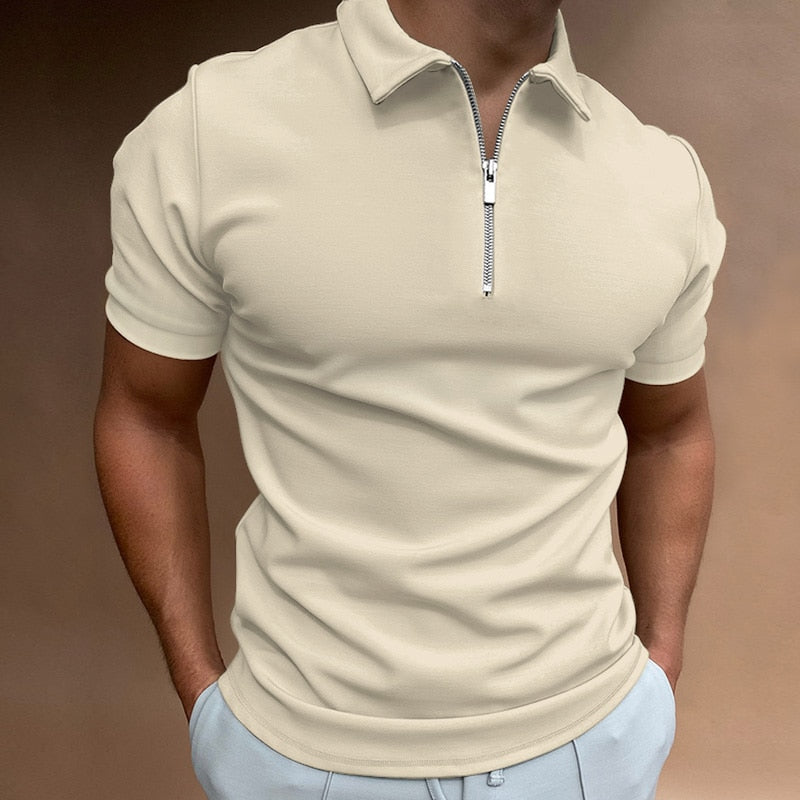Group of men's slim fit zip polo shirts in various colors, ideal for summer wardrobe, BOGO offer