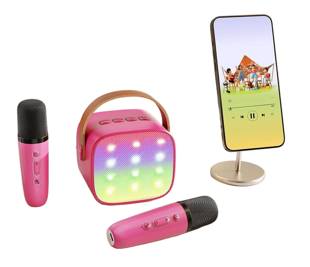 Veylo mini karaoke machine; portable Bluetooth speaker and two wireless handheld mics