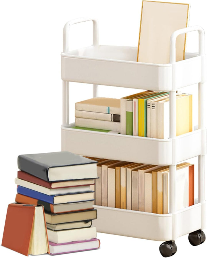 Rolling utility cart, white, with handle and 3 tiers, perfect for compact spaces.