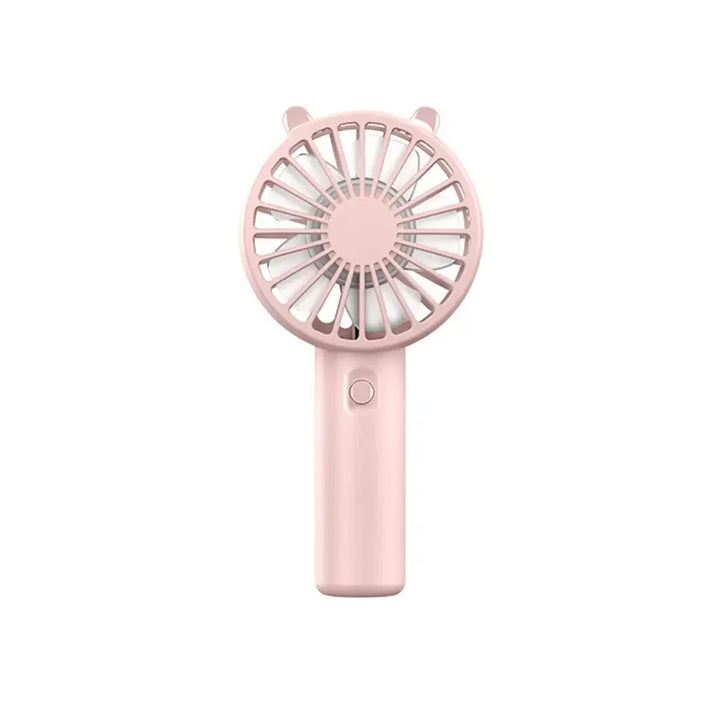 Unisex mini USB rechargeable handheld fan in black, held by a hand, showing its ergonomic design for personal cooling
