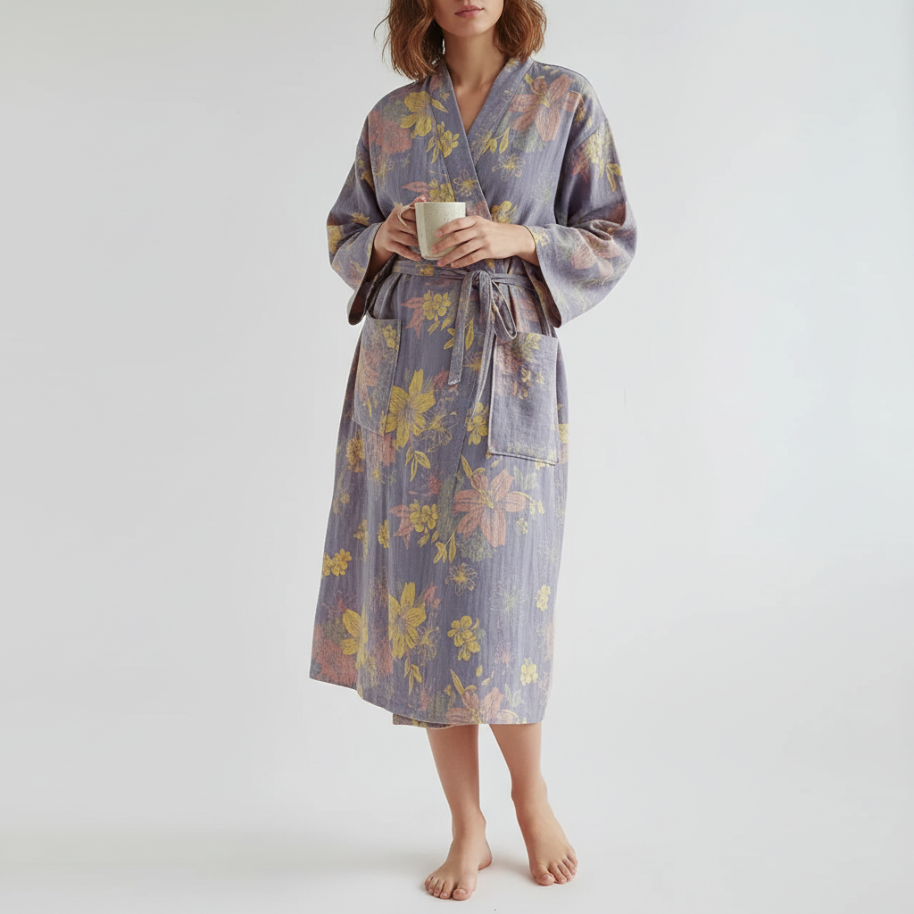 Floral pattern cotton kimono robe for women, designed for comfortable loungewear