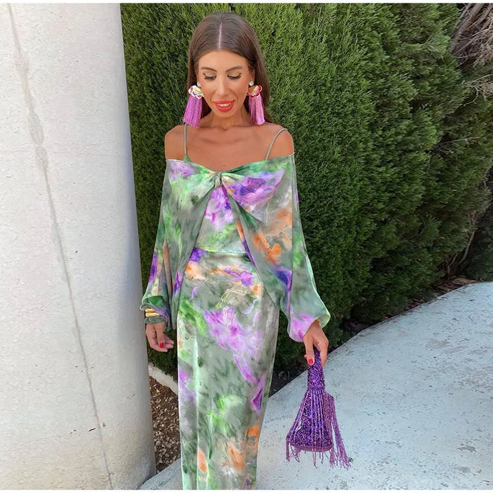 Boho chic women's halo-dye maxi dress, elegant & unique with a vibrant print and matching detachable scarf.