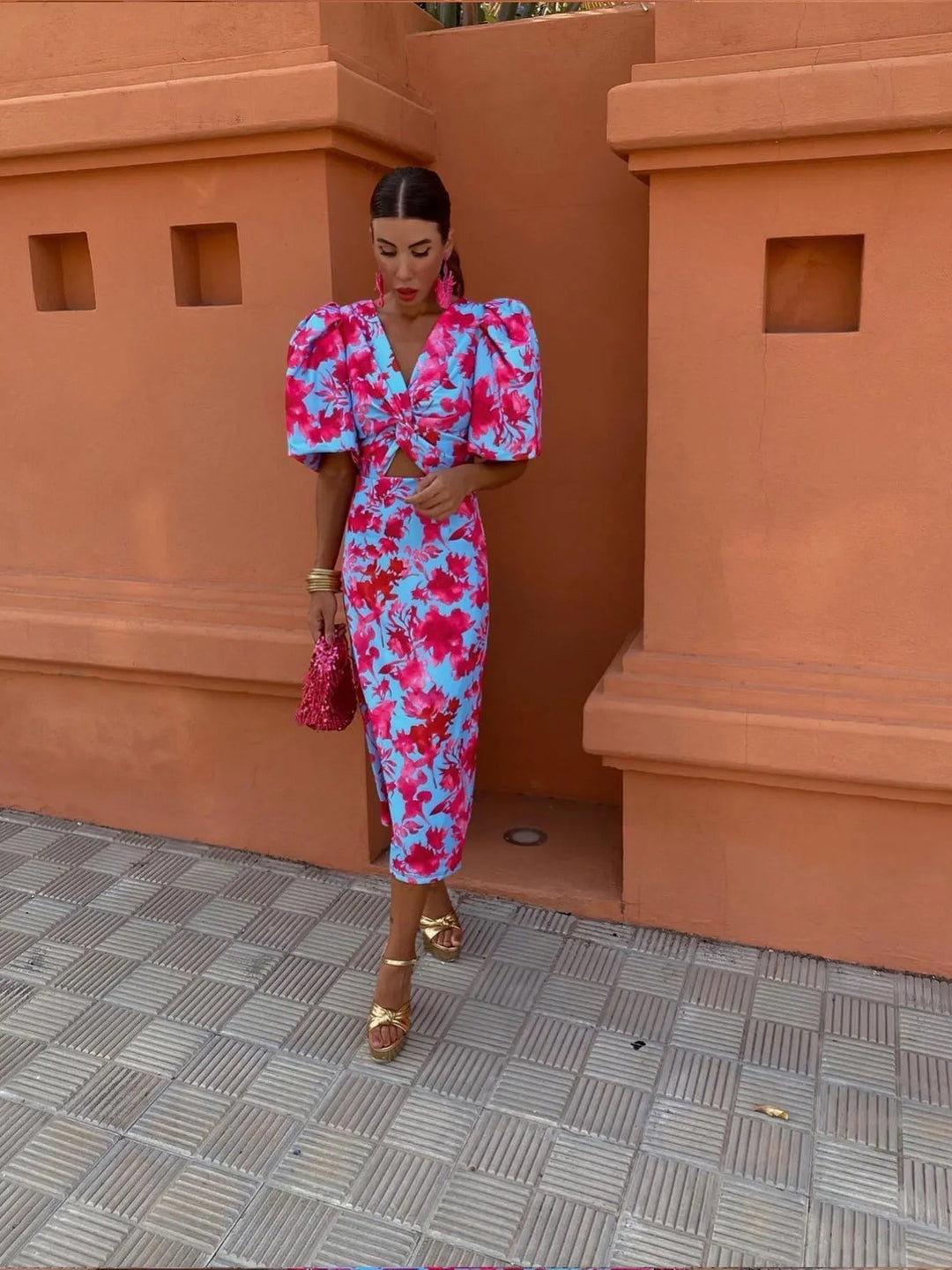 Noelia vibrant pleated sleeve midi dress for women, ensuring elegant comfort and versatile summer style.