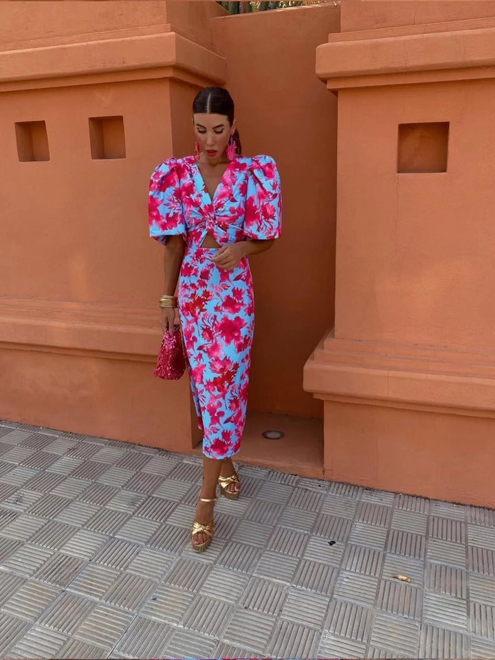 Noelia vibrant pleated sleeve midi dress for women, ensuring elegant comfort and versatile summer style.