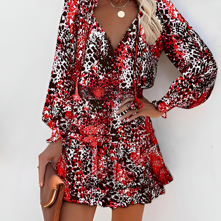 Elegant women's printed ruffle vacation dress, a flowy midi for summer adventures.