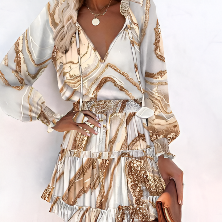 Women's vibrant floral printed summer midi dress with elegant ruffle details.