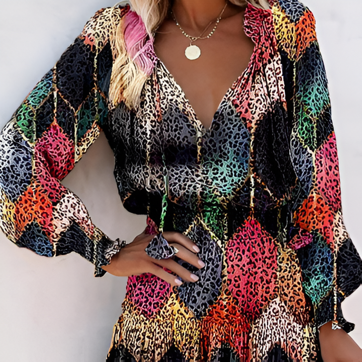 Chic & flowy women's vibrant printed ruffle summer midi dress, perfect for party or vacation.