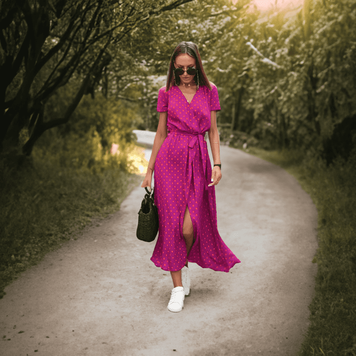 Stylish women's colourful summer dress featuring a comfortable V-neck and flowy short sleeves.