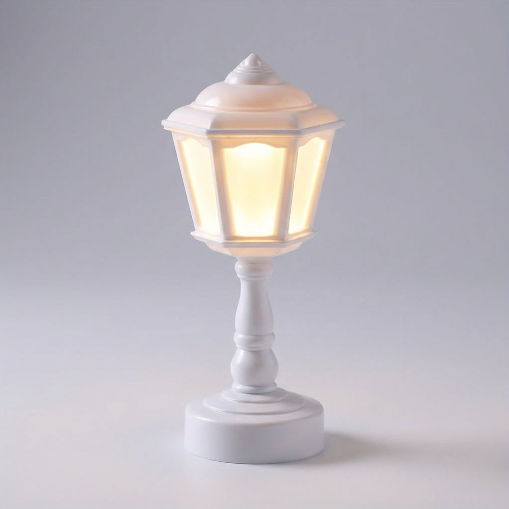 Compact vintage LED lantern lamp offering warm ambient lighting, perfect as a night light on a table.