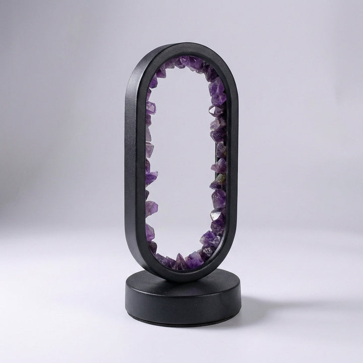 Gemstone wellness lamp featuring amethyst and celestite for natural light