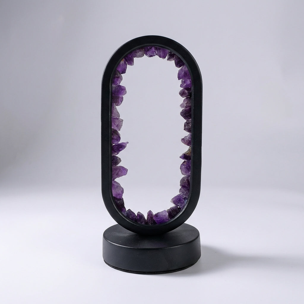 Violetis amethyst and celestite lamp, a unique crystal lamp designed for enhanced relaxation and clarity.
