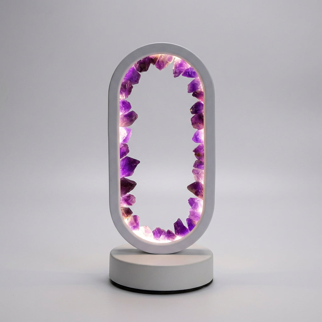 Elegant Violetis table lamp with natural crystals, providing ambient light for a serene home environment.
