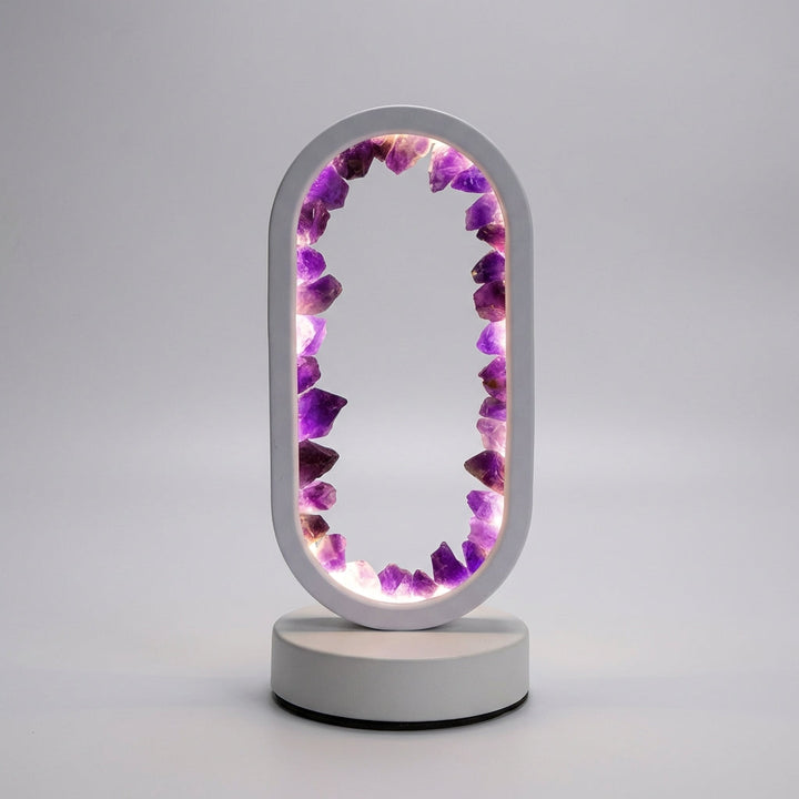 Elegant Violetis table lamp with natural crystals, providing ambient light for a serene home environment.