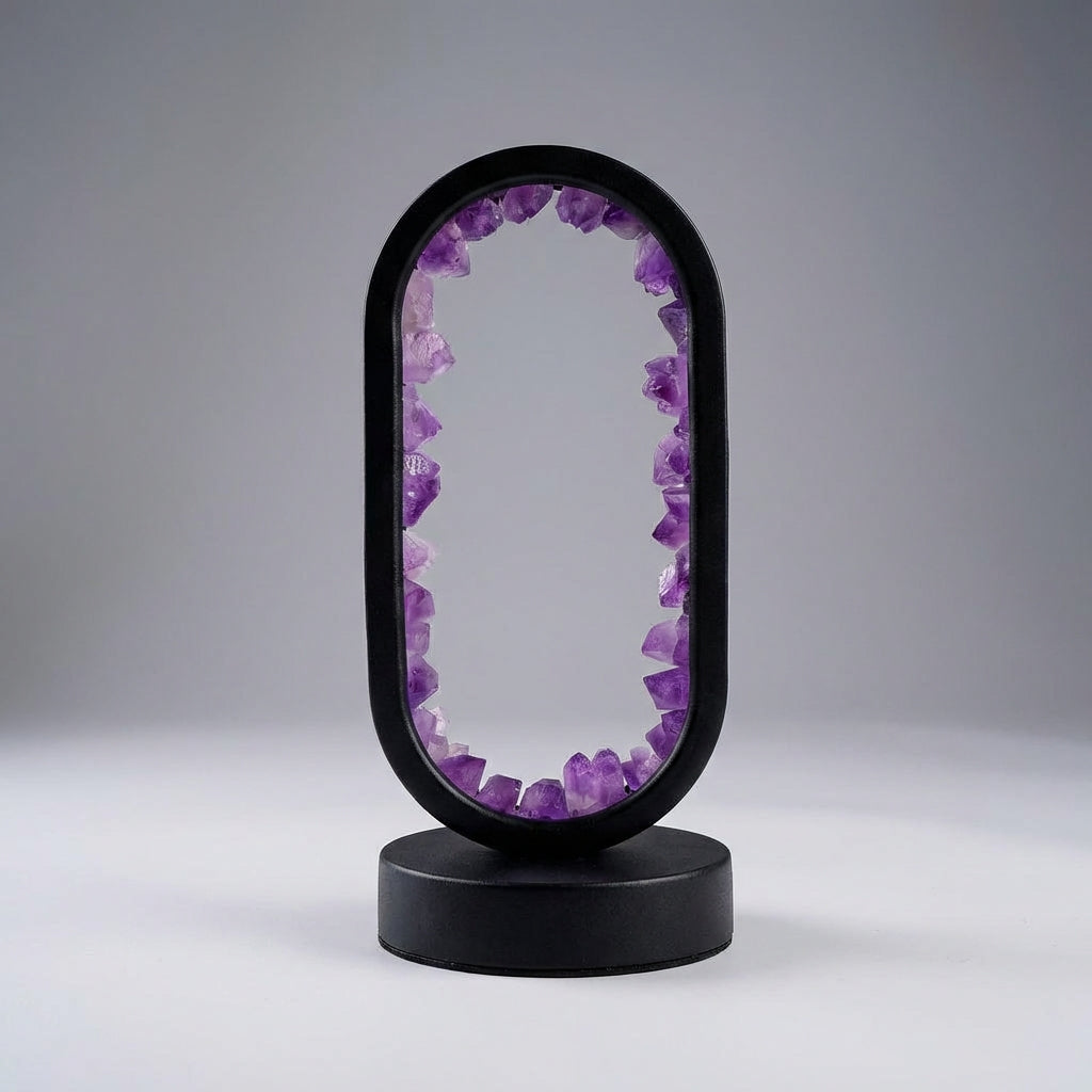 Aesthetic crystal lamp, Violetis, featuring genuine amethyst and celestite for mind and body wellness.