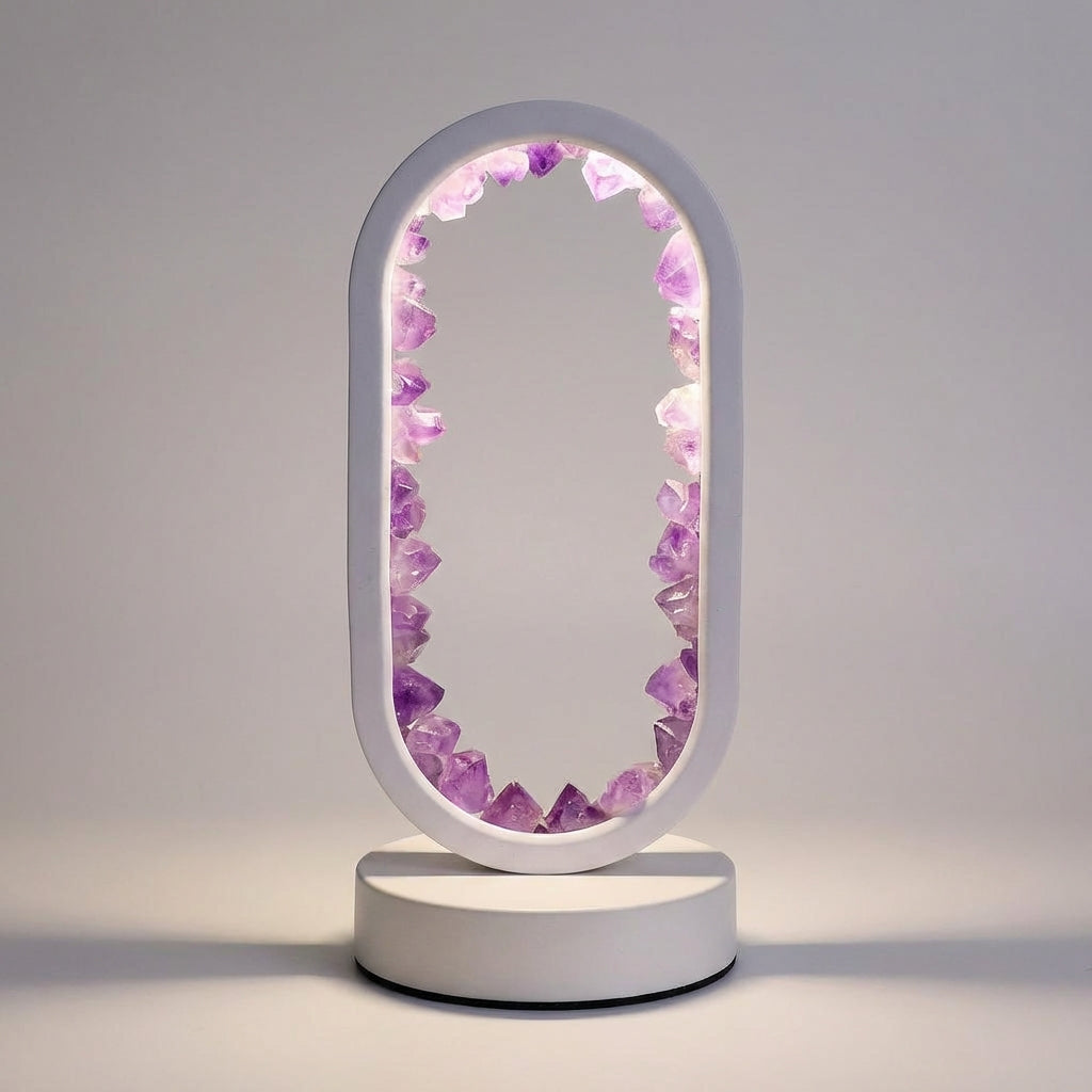 Violetis Wellness Lamp, a decorative tabletop light with natural crystals, enhancing peace and clarity.