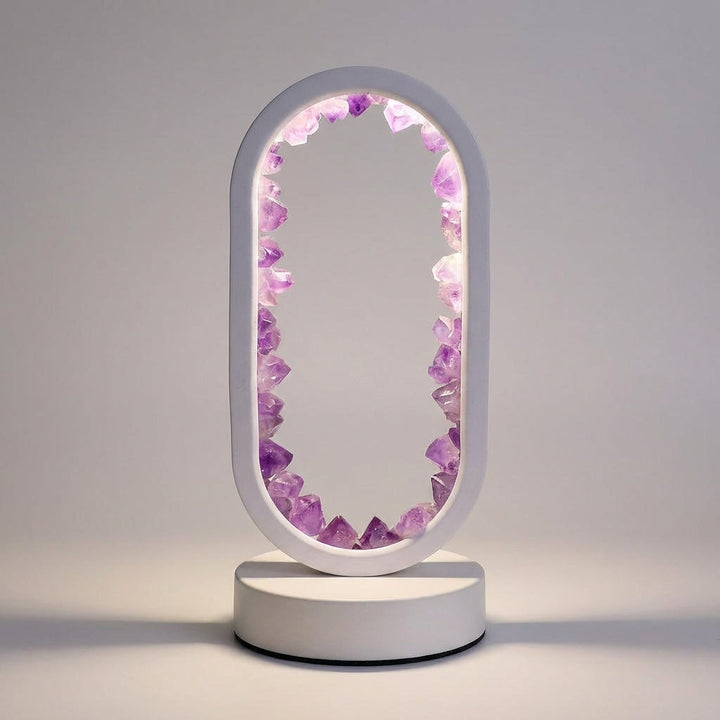 Violetis Wellness Lamp, a decorative tabletop light with natural crystals, enhancing peace and clarity.