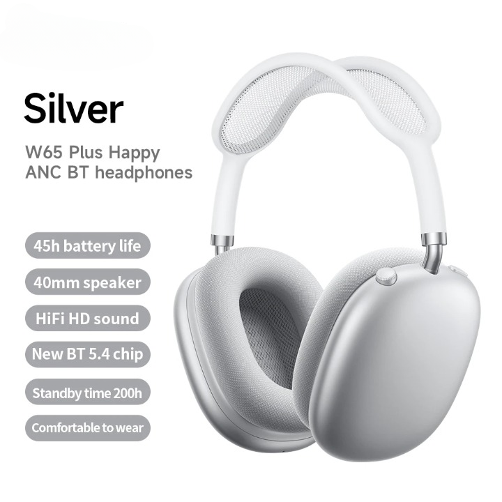 The W65 Plus wireless ANC headphones with a phone, demonstrating seamless Bluetooth connectivity for music and calls