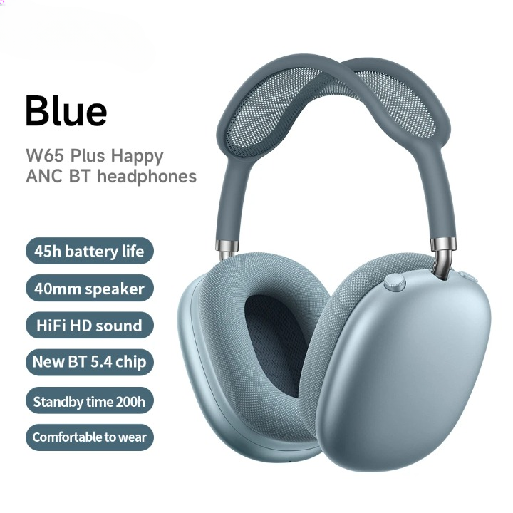 W65 Plus wireless headphones with charging cable and carrying case, showing included accessories for convenience