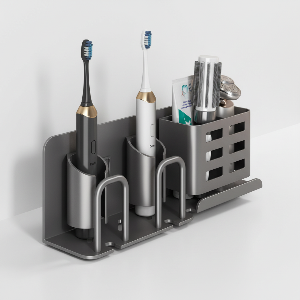 Sleek silver aluminum toothbrush holder AquaDock, wall-mounted for bathroom hygiene & organization