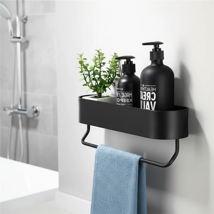 Wall-mounted black metal bathroom shelf with towel rail, modern storage for towels and decor