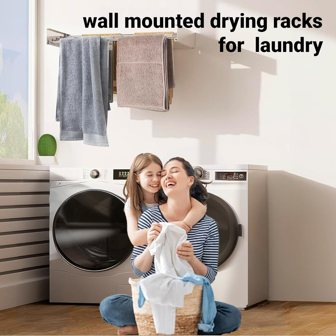 White wall-mounted clothes dryer, shown partially folded, maximizing space in a compact living area.