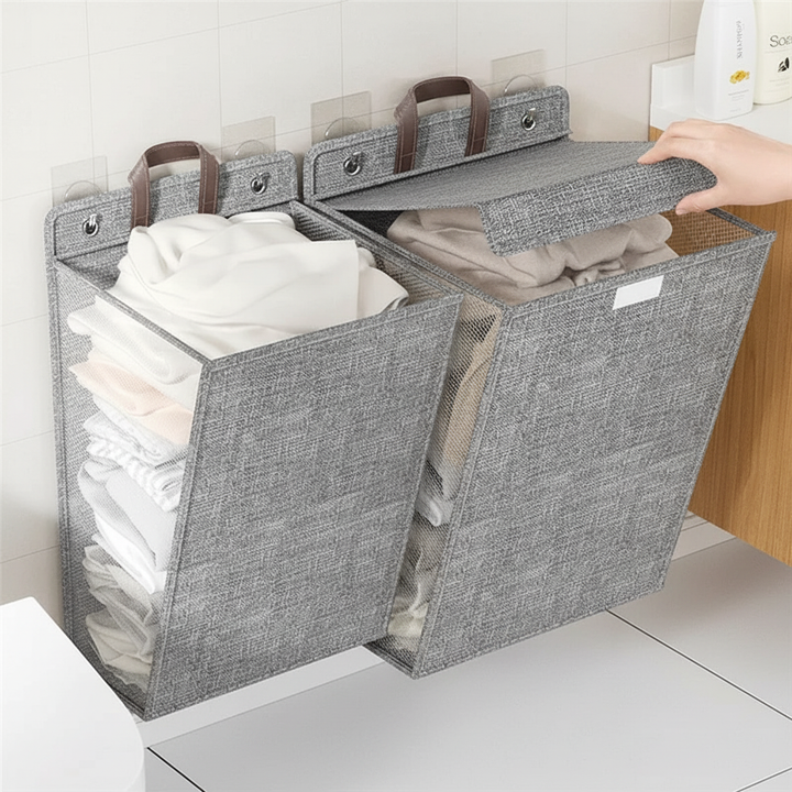 Wall-mounted foldable laundry basket, space saving mesh design for bathrooms