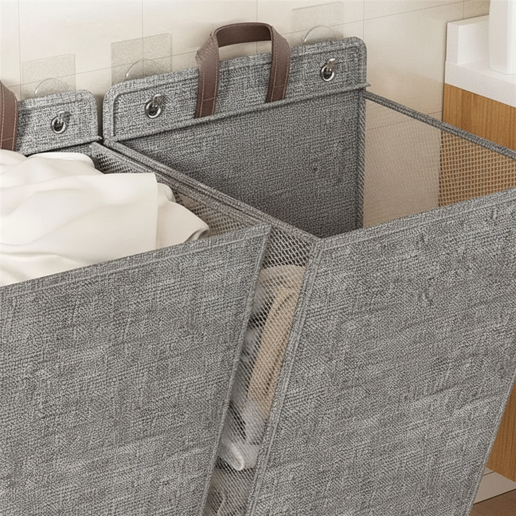 Space-saving wall-mounted laundry basket, mesh fabric ideal for bathroom organization