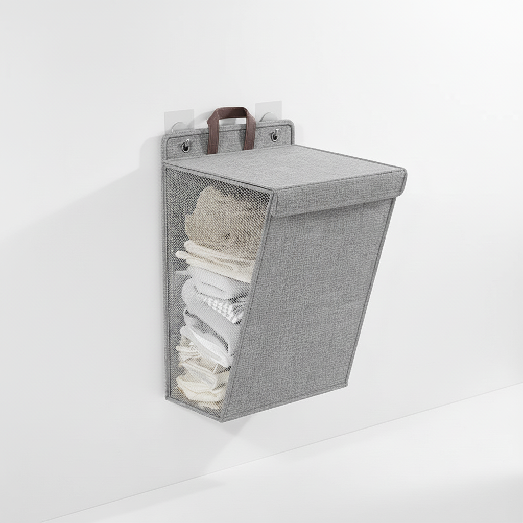Bathroom storage: mesh foldable laundry basket, wall-mounted for maximized utility