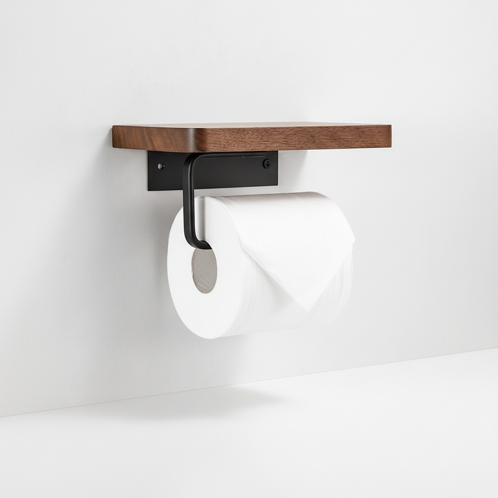 Space-saving wooden toilet paper holder with top shelf for bathroom accessories and decor