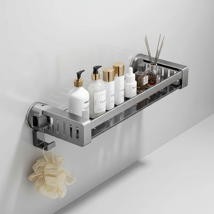 AquaFixor no-drill shower caddy, wall-mounted aluminum bathroom shelf for home organization