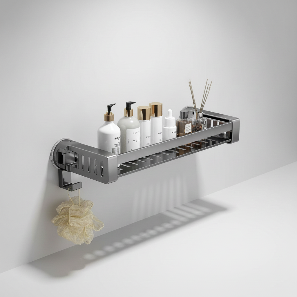 Aluminum shower shelf, no-drill suction cup caddy for bathroom storage and organization