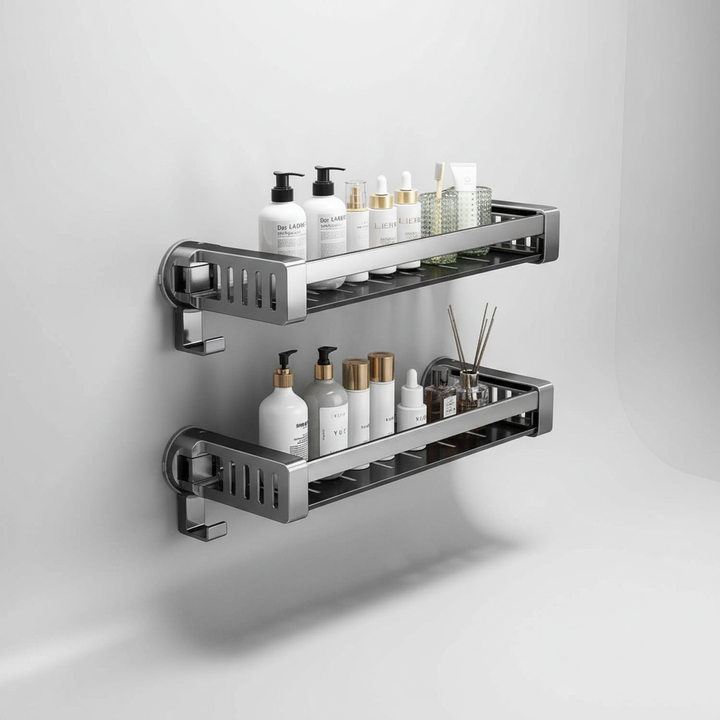 No-drill bathroom organizer, AquaFixor wall-mounted shower shelf with strong suction cups