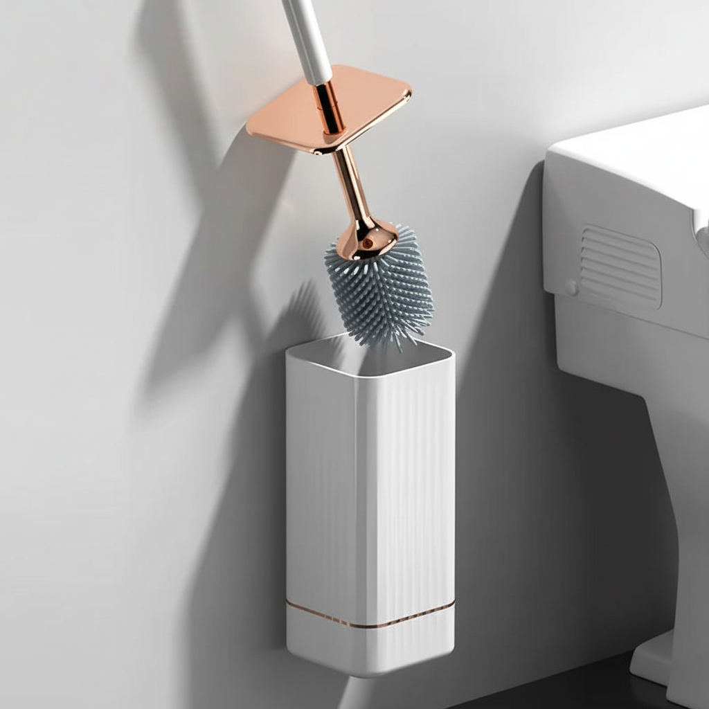 Space-saving wall-mounted toilet brush with fast-drying holder, white plastic, keeping bathrooms hygienic