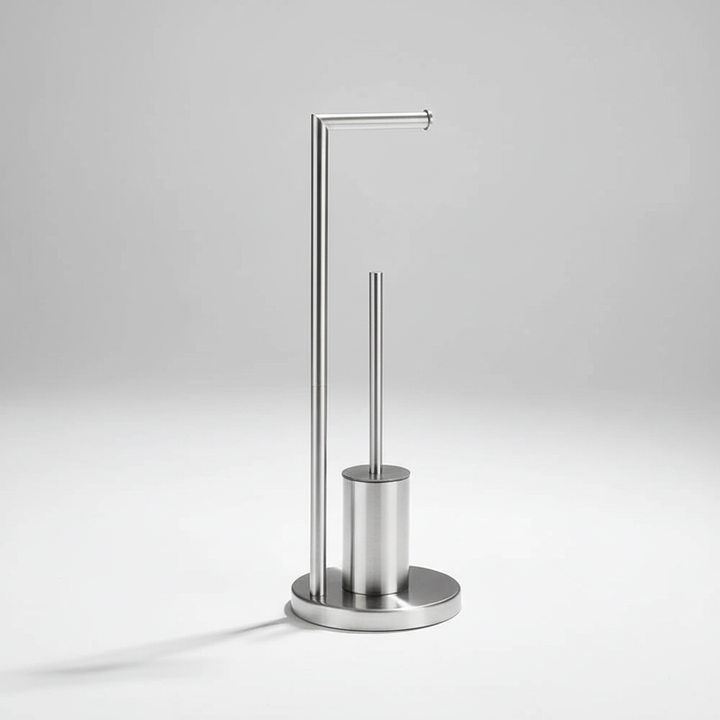 Bathroom organization solution: black wall-mounted toilet roll holder with integrated cleaning brush.