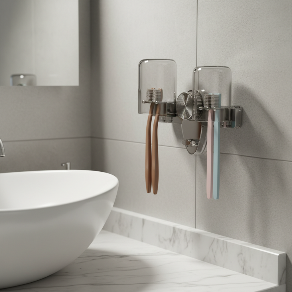 Wall-mounted toothbrush holder, PET material, keeps brushes hygienic and organized in the bathroom.