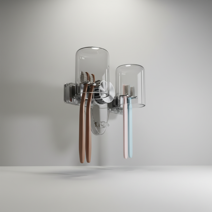 Drill-free PET toothbrush rack, space-saving design, perfect for modern bathroom essential organization.