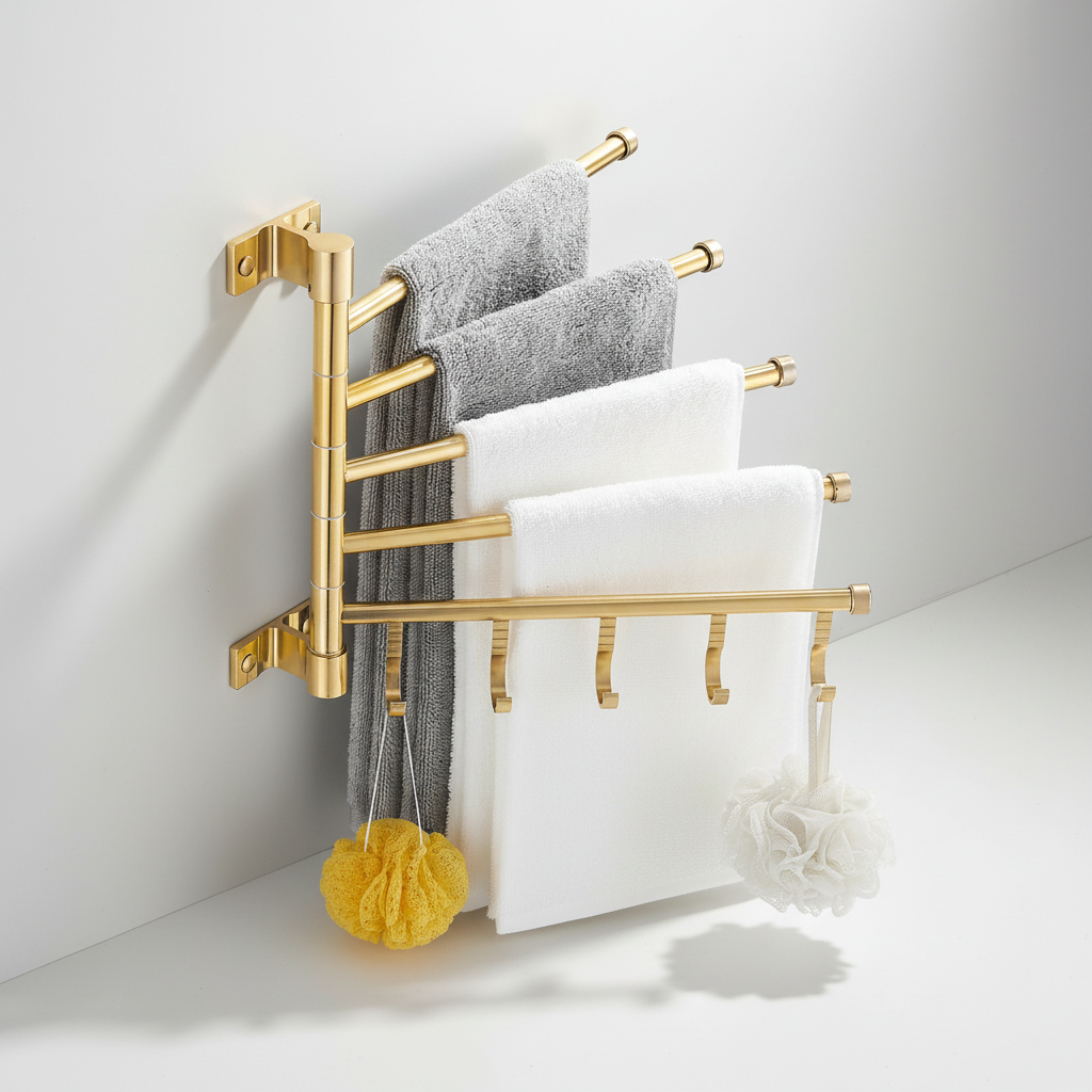 Elegant gold aluminum wall-mounted towel rack with three arms, perfect for organizing bathroom towels.