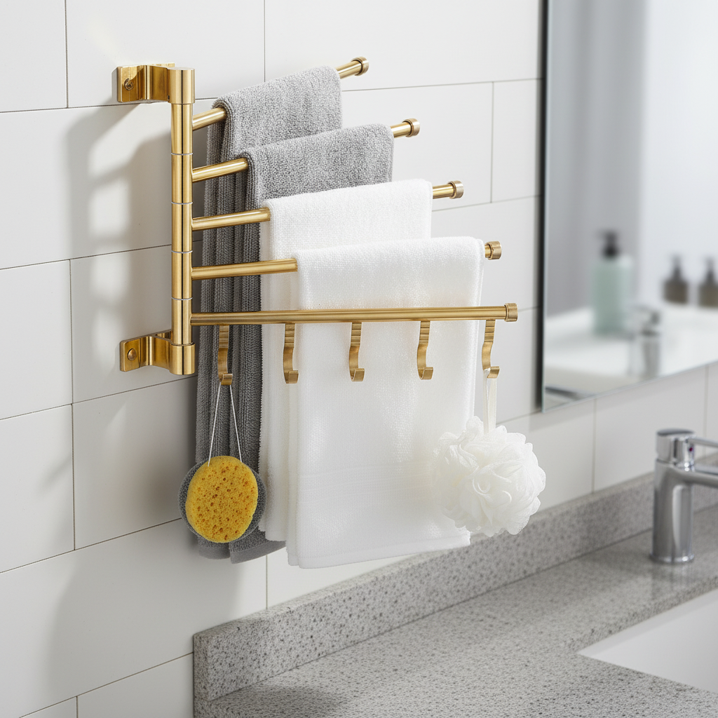 Wall-mounted triple arm towel rack in gold aluminum, swivel design, ideal for bathroom organization