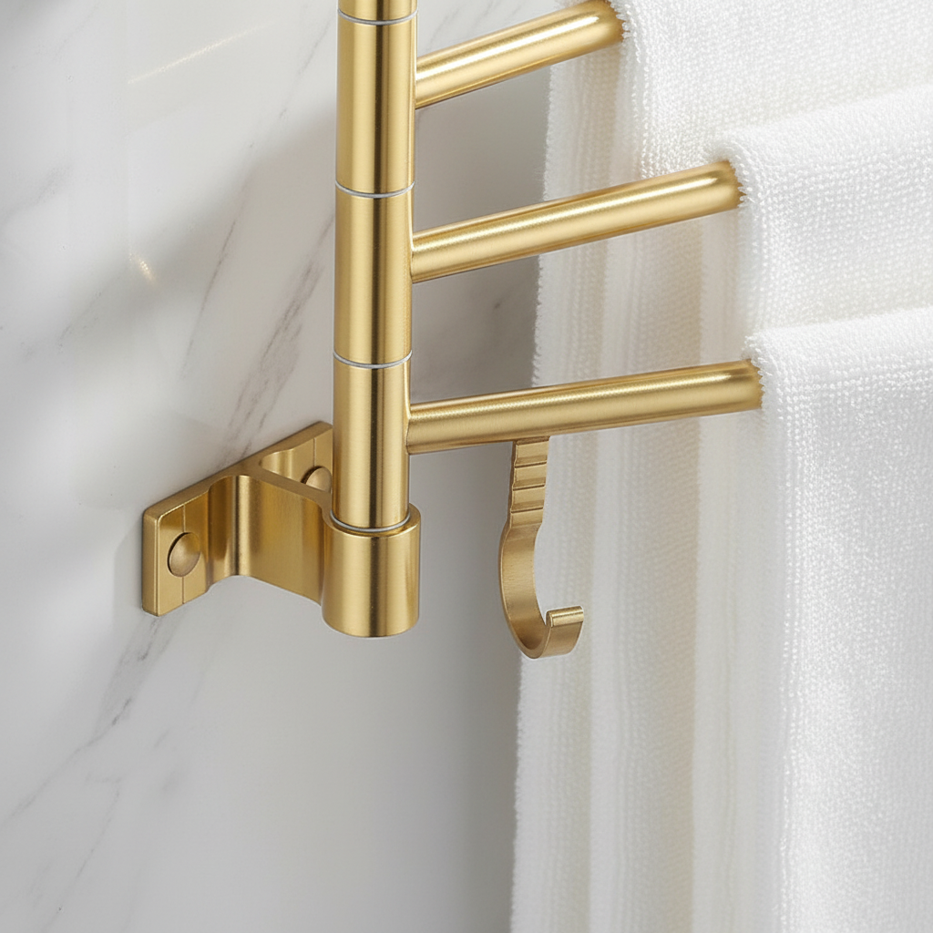 Modern aluminum triple towel holder with swivel arms, gold finish, space-saving bathroom accessory
