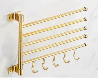 Gold finish wall-mounted towel rack, triple swivel arm design for efficient bathroom storage