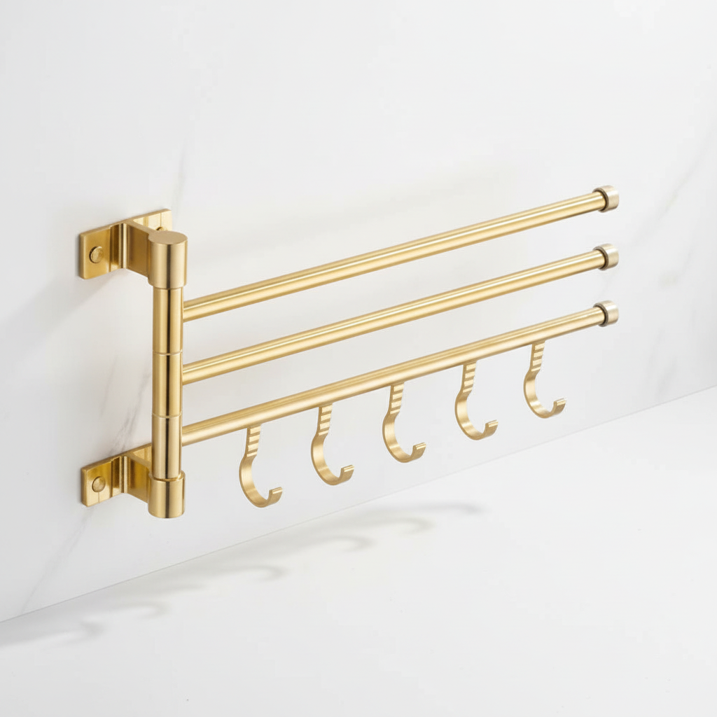 Bathroom wall-mounted triple arm towel lattice in gold aluminum, enhances decor and organization