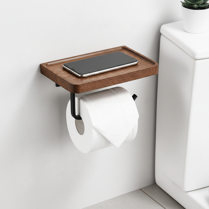 Wall-mounted wooden toilet paper holder with top shelf for bathroom organization, natural wood.