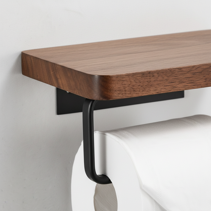 Elegant natural wood toilet paper holder and shelf, wall-mounted for convenient home decor and hygiene.