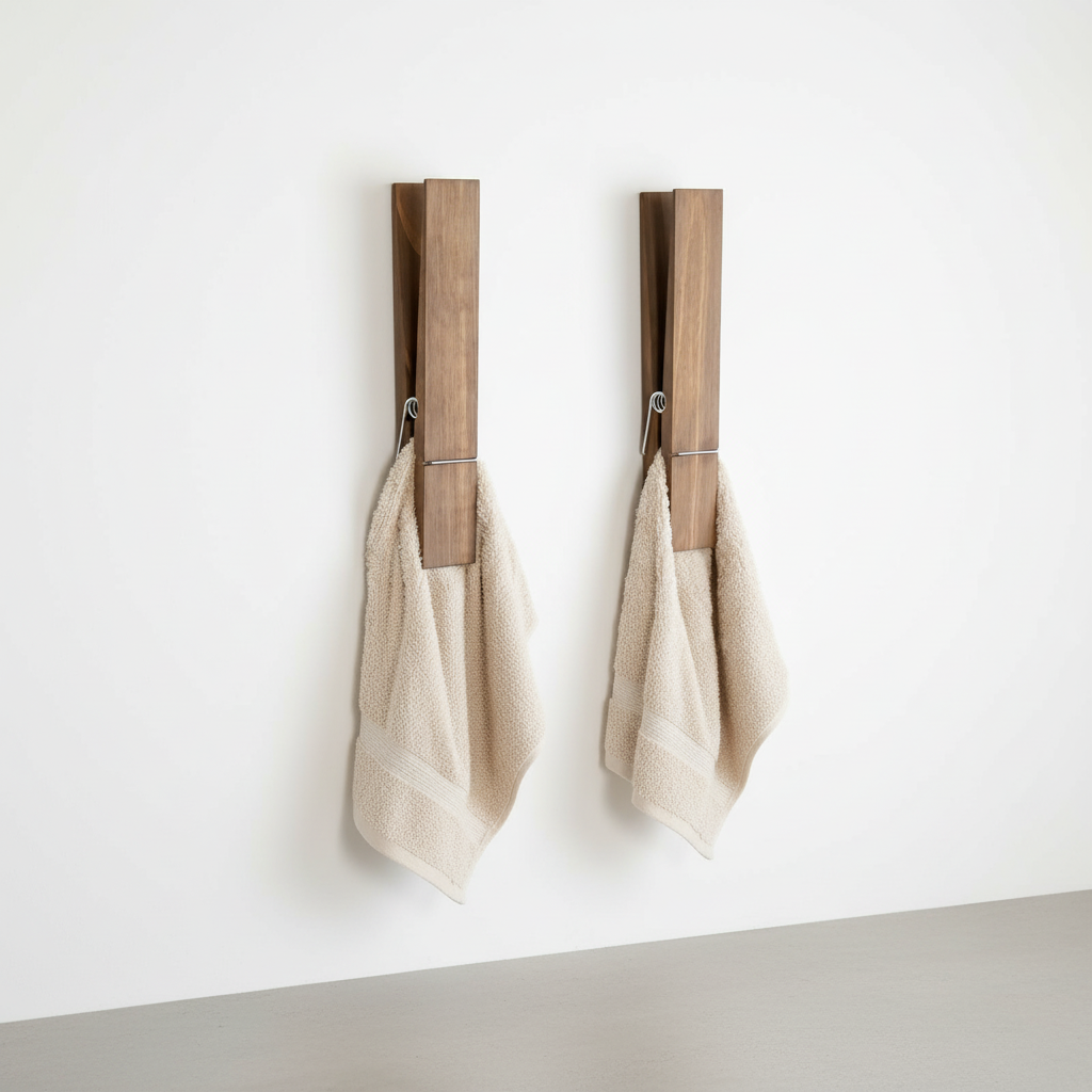 Natural wood wall clamp for towels & clothes, rustic home decor for laundry room