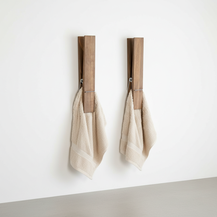 Natural wood wall clamp for towels & clothes, rustic home decor for laundry room
