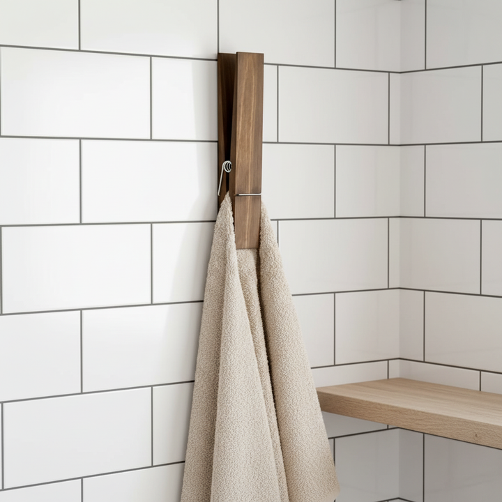 Wall-mounted wooden towel clip, natural wood finish, saving space in a modern bathroom
