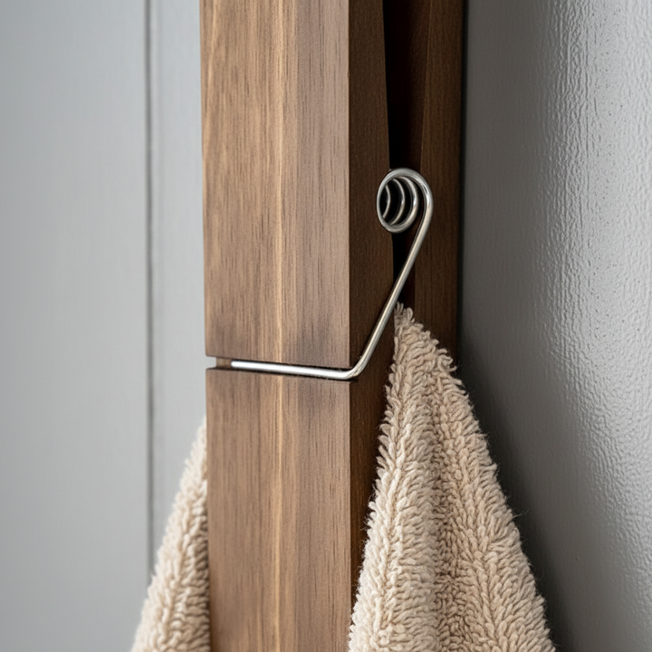 Set of three wooden towel clips mounted on a bathroom wall for organized storage
