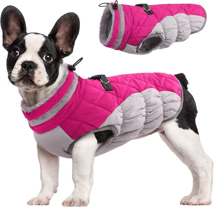 Red warm dog jacket with integrated harness, reflective strips for night safety