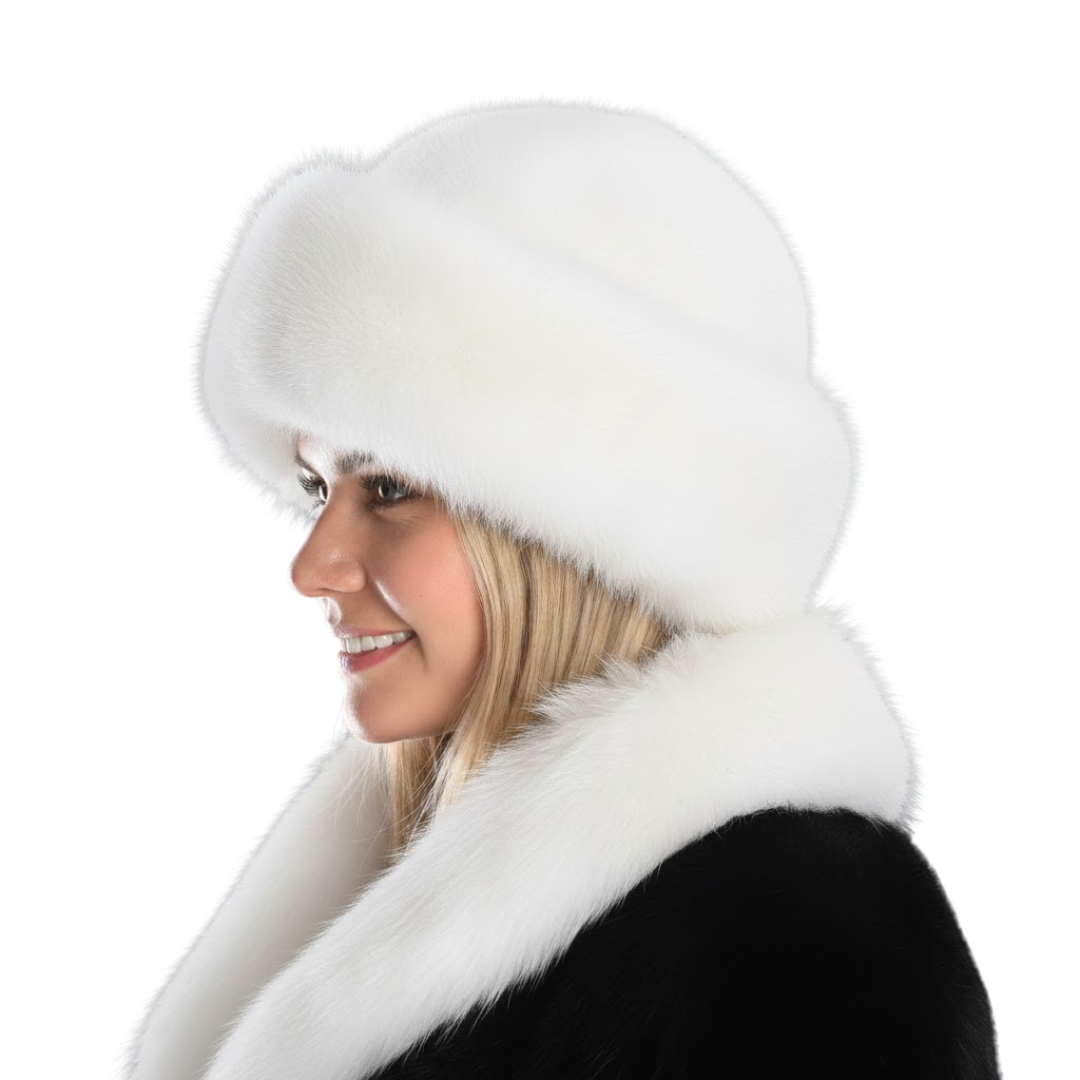 Close-up of a soft luxurious faux fur hat for women, comfortable and warm winter accessory